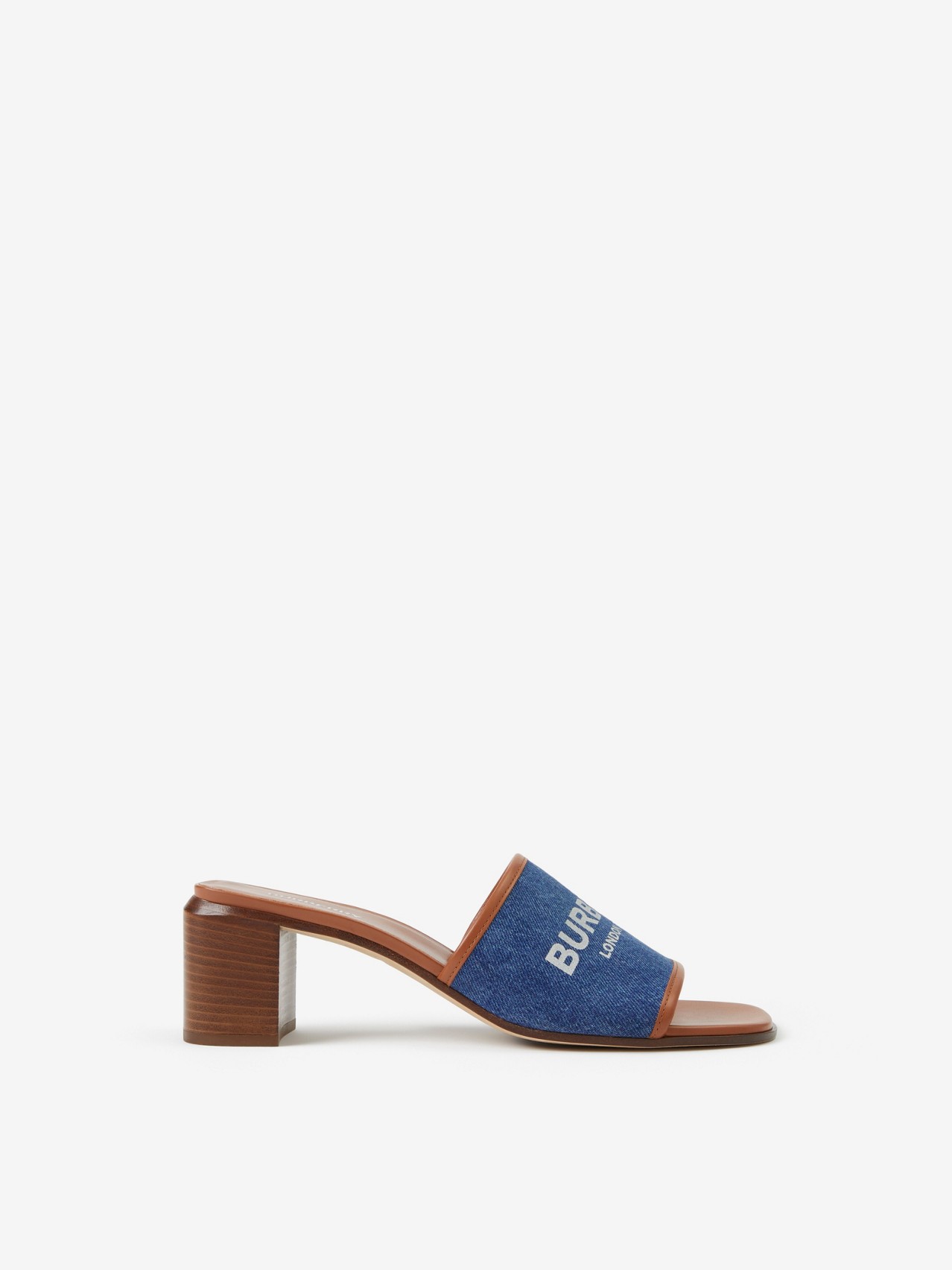 Label Print Denim and Leather Mules