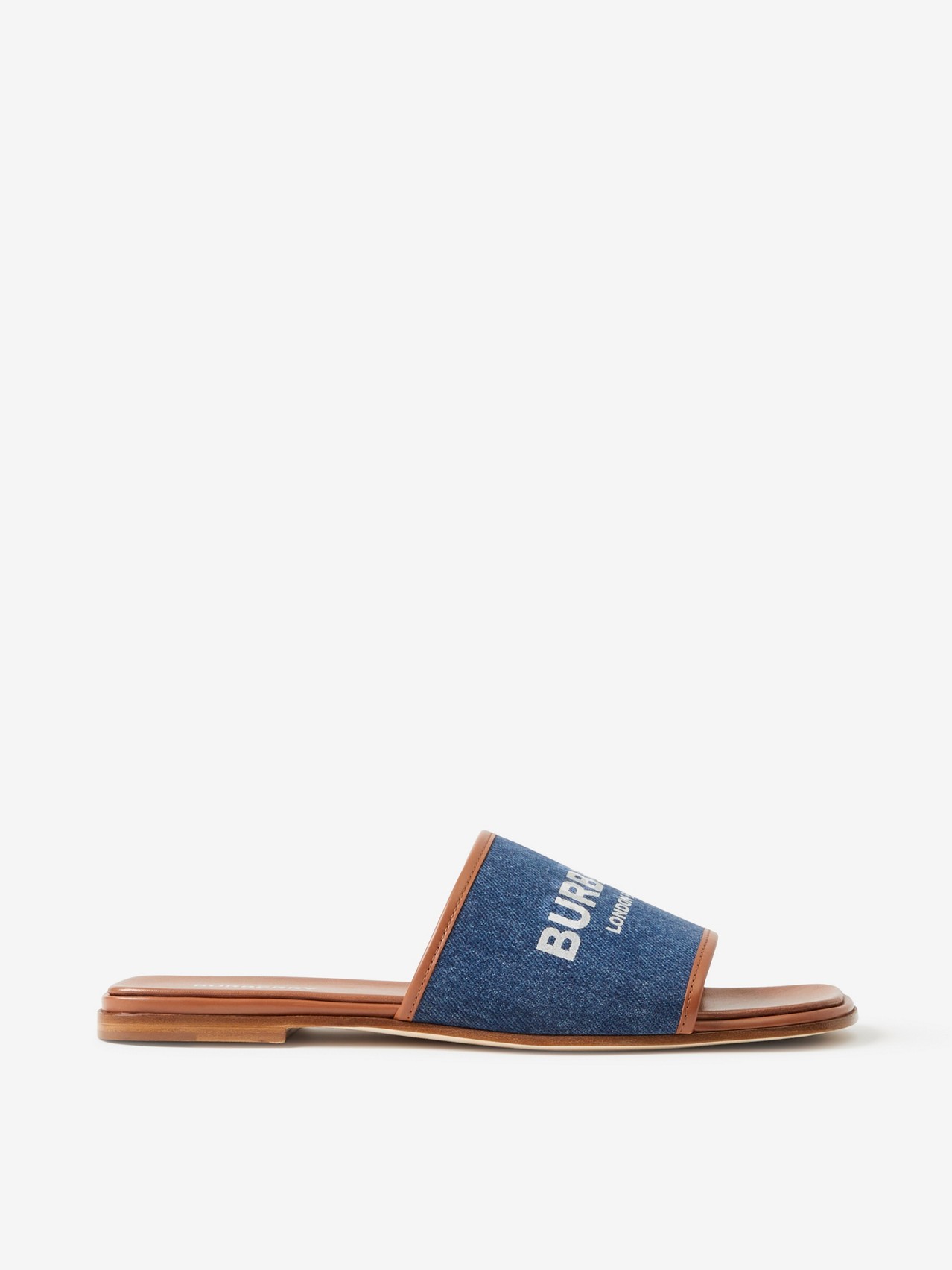 Label Print Denim and Leather Slides